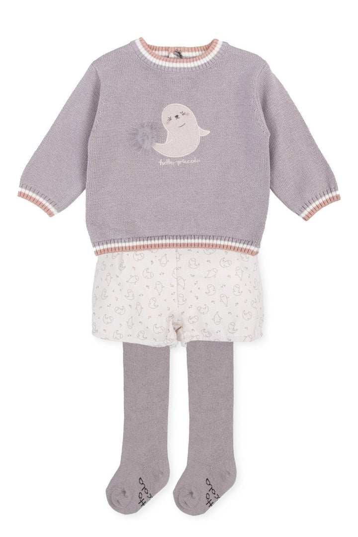 Tutto Piccolo "Devin" Grey Knit Seal Top, Jam Pants & Tights - Millie and John
