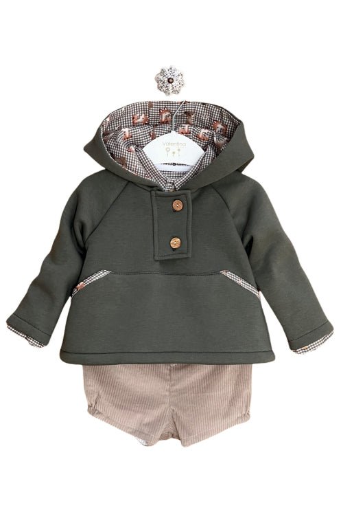 Valentina Bebes "Benji" Khaki Hoodie, Gingham Shirt & Stone Cord Shorts - Millie and John