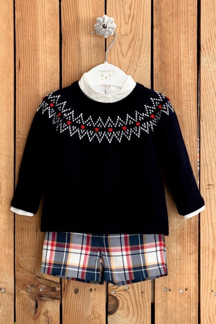 Valentina Bebes "Harrison" Navy Knit Jumper, Shirt & Tartan Jam Pants - Millie and John