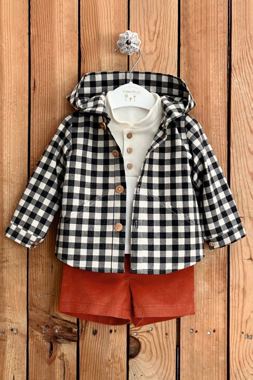 Valentina Bebes "Mateo" Black Gingham Hoodie, Top & Rust Shorts - Millie and John