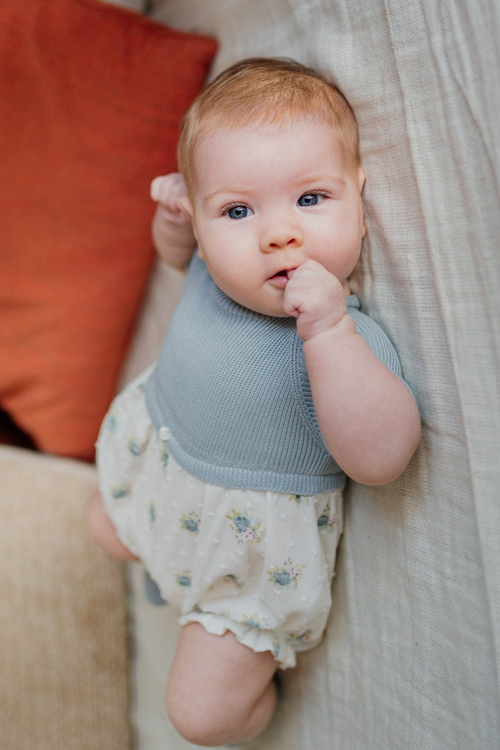 Wedoble "Dorothea" Soft Blue Half Knit Floral Romper - Millie and John