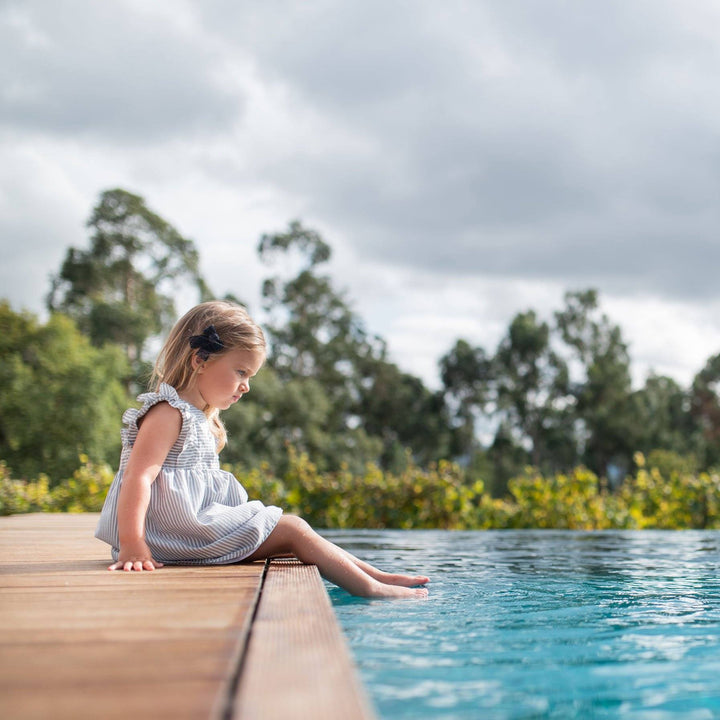 Wedoble Navy Striped Chambray Ruffle Shoulder Dress - Millie and John