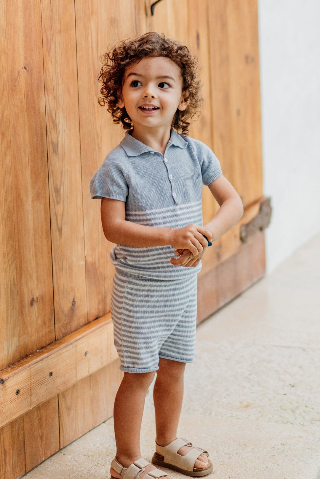 Wedoble "Zachary" Soft Blue Striped Knitted Polo Shirt & Shorts - Millie and John