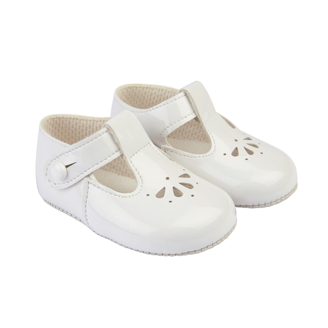 Baypods White Patent Petal Punch T-Bar Shoes | Millie and John